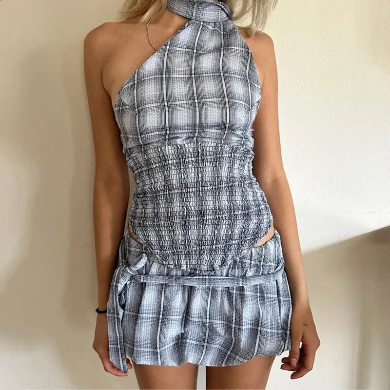 Women's Clothing INS Halter Plaid Top + Skirt Set