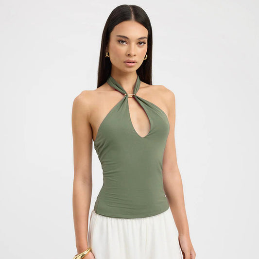 Women's Sleeveless Backless Perforated Hollow-out Halter Tie