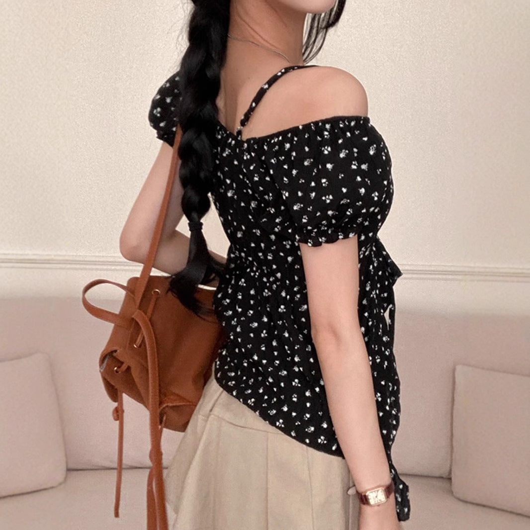 Polka Dot Bubble Sleeve Halter Irregular Tie Top Women's Slim T-Shirt