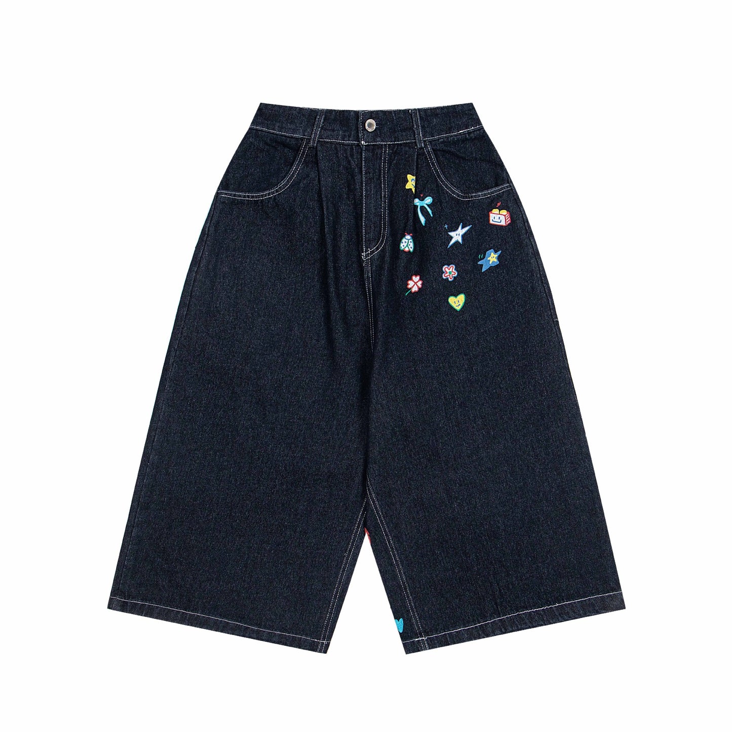 Casual Washed Fun Print Seven-Quarter Denim Pants Men Loose Fit Mid-Length Trousers
