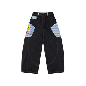 Color Block Letter Embroidery Multi-Pocket Flare Denim Work Pants Loose Wide Leg Long Trousers for Men and Women