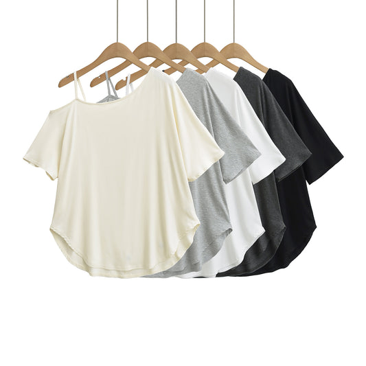 One-Shoulder Off-The-Shoulder Curved Hem Loose Short Sleeve T-Shirt