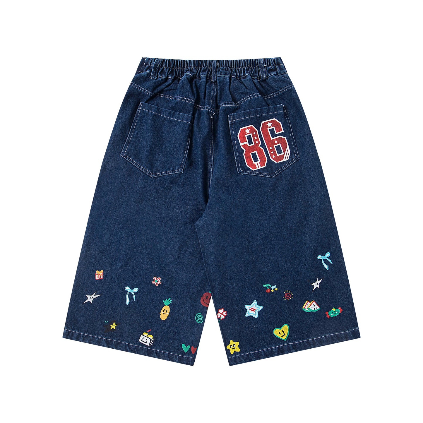 Casual Washed Fun Print Seven-Quarter Denim Pants Men Loose Fit Mid-Length Trousers
