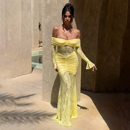 Women's Summer Lace Splicing One-Shoulder Slit Long Sleeve Dress