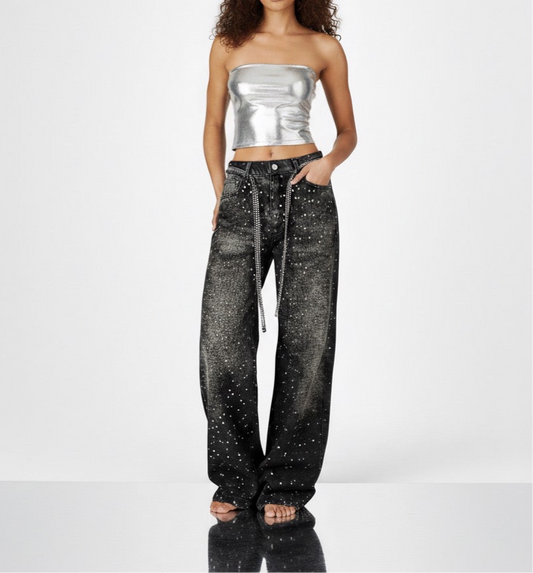 Washed loose wide leg printed jeans with a full diamond drop design straight leg pants