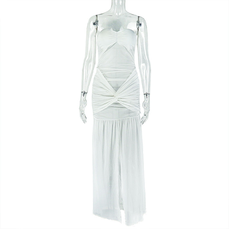 Women's Mesh Backless Slit Pencil Skirt Tube Top Slightly Transparent Solid Color Long Dress