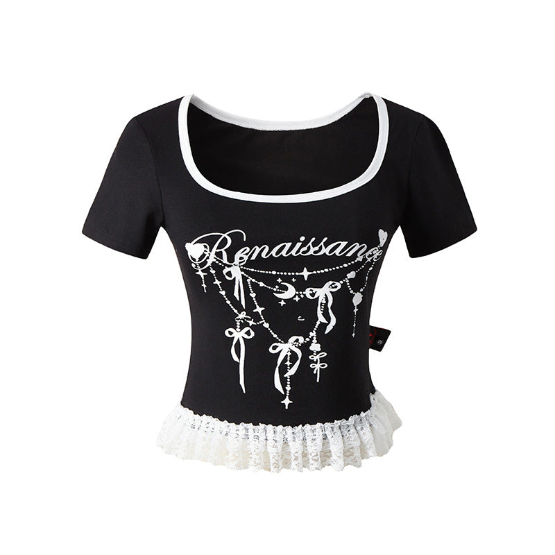 Splicing Square Neck Short Sleeve T-Shirt Women Summer Slim Fit Shoulder Short Top