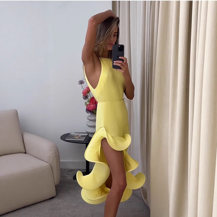 Irregular Hem Leaf Trim Sexy Strapless Fitted Dress
