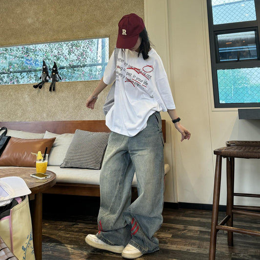 Side striped contrasting splicing for vintage denim straight leg wide leg pants