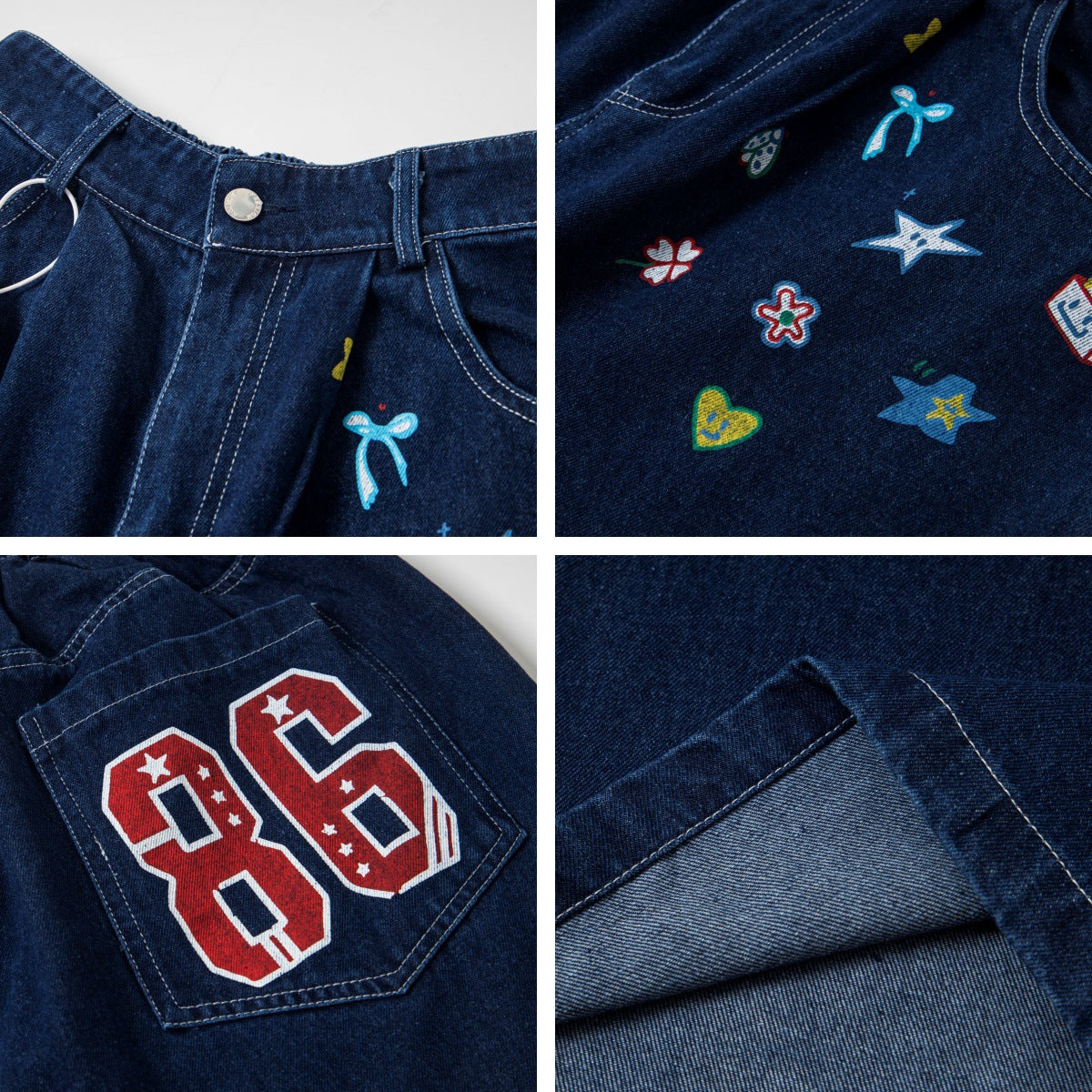 Casual Washed Fun Print Seven-Quarter Denim Pants Men Loose Fit Mid-Length Trousers