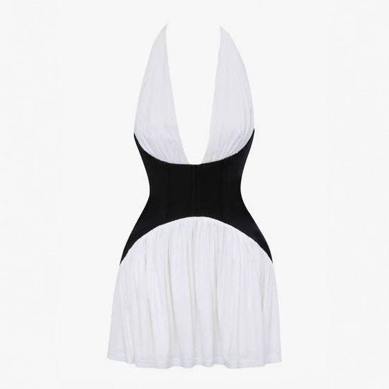 Black and White Contrast Color Halter Sexy Backless Waist-Cinching Short Dress