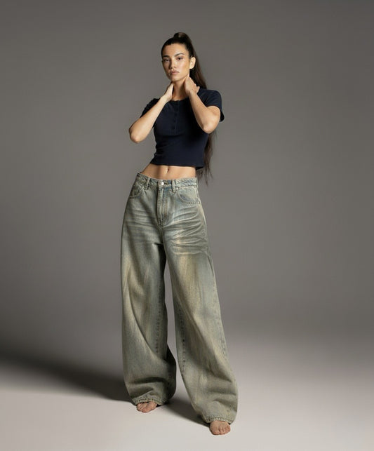 Vintage distressed dirty dyed curved knife jeans