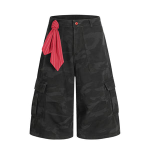 Camouflage Multi-Pocket Ribbon Workwear Capri Pants Unisex Loose Casual Wide-Leg Mid-Length Trousers
