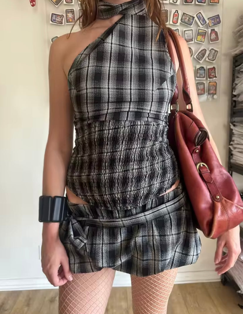 Women's Clothing INS Halter Plaid Top + Skirt Set