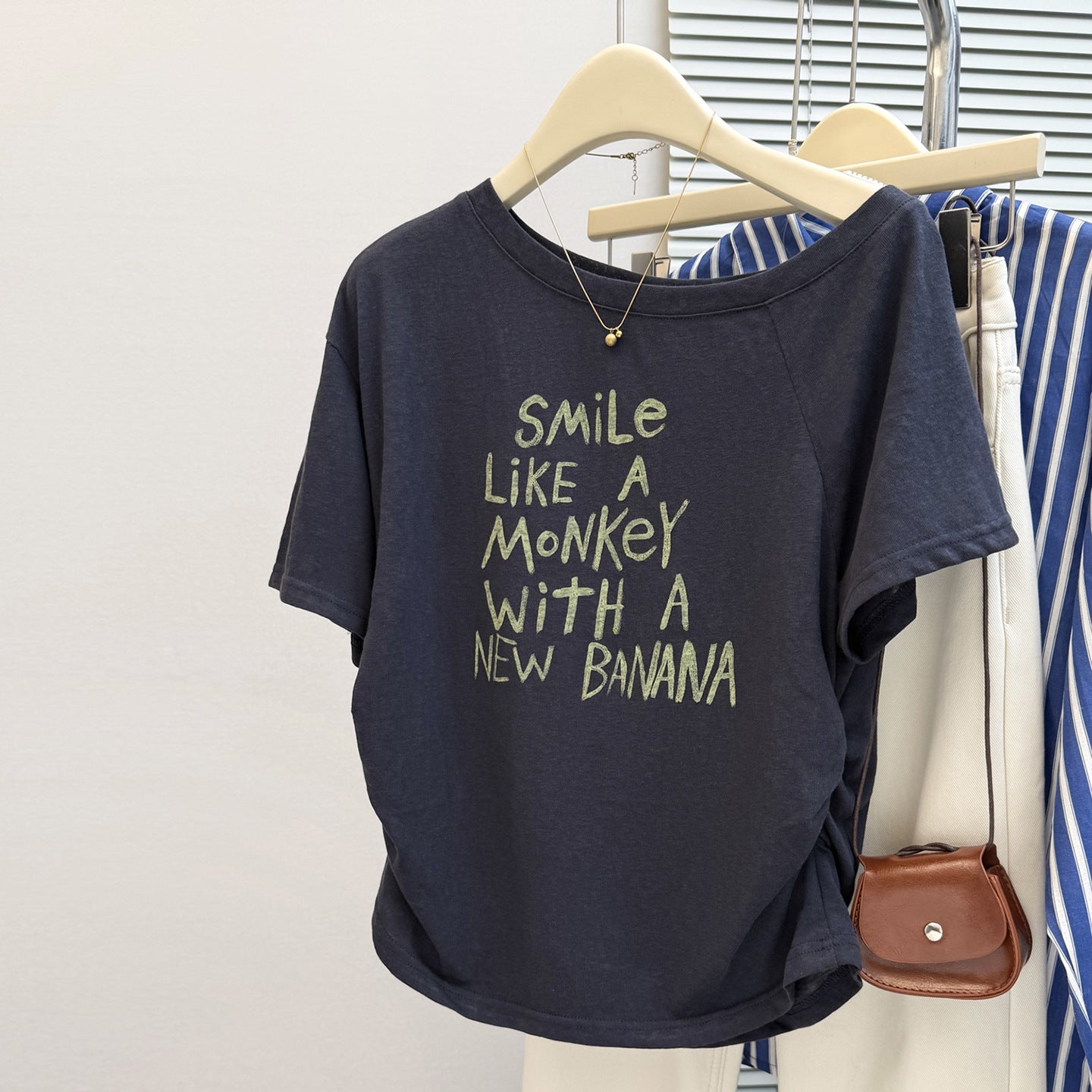 Cotton Pleated Waist Short Sleeve T-Shirt Women's Slim Korean Version Sexy Off-Shoulder Top