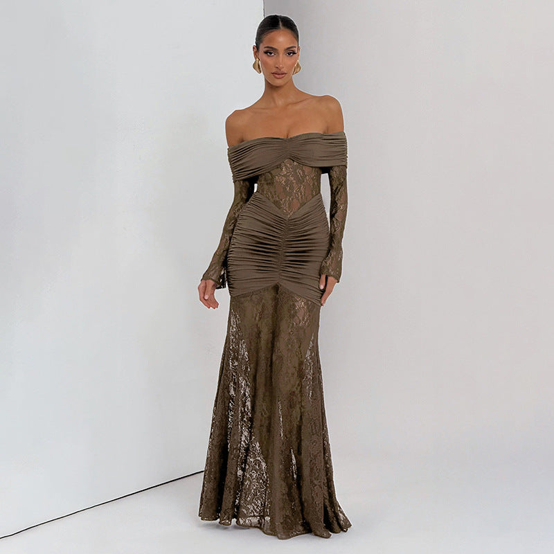 Women's Summer Lace Splicing One-Shoulder Slit Long Sleeve Dress
