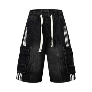 High Street Washed Distressed Stripe Multi-Pocket Denim Work Pants Unisex Loose Wide-Leg Three-Quarter Length