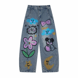 Cartoon graffiti printed jeans wide leg pants