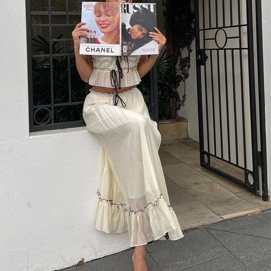 Sexy vacation style camisole top slim fit temperament long skirt set