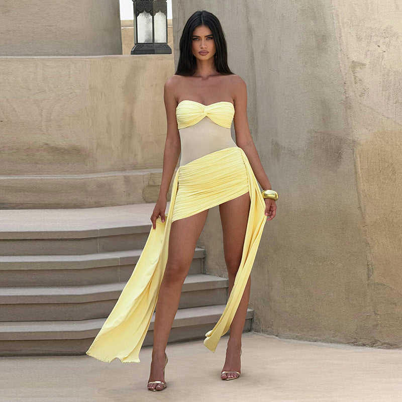 Sexy strapless backless pleated hip hugging short skirt with mesh patchwork dress for women