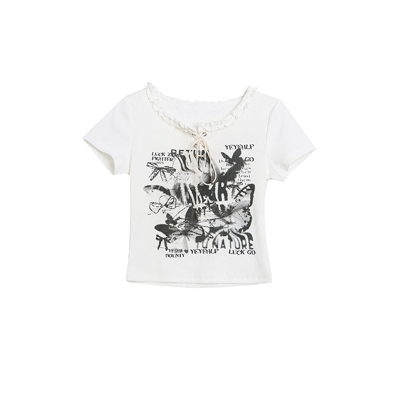 Short Sleeve T-Shirt for Women Slim Fit Spicy Girl Style Casual Tie-Back Crop Top