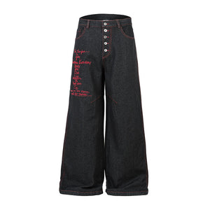 Straight Jeans Men's Original Color Letter Embroidery Wide Leg Pants Casual Denim Long Trousers