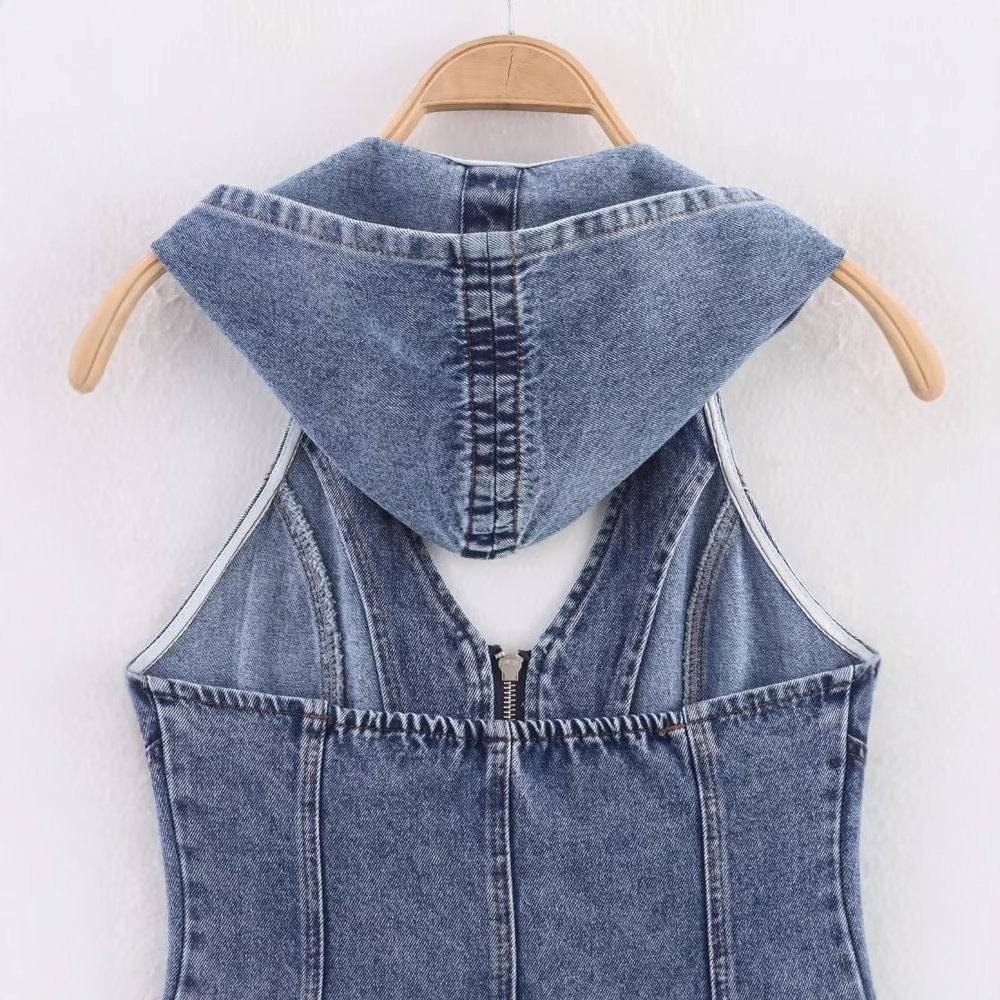 Women's Hollow Back Hooded Denim Shirt
