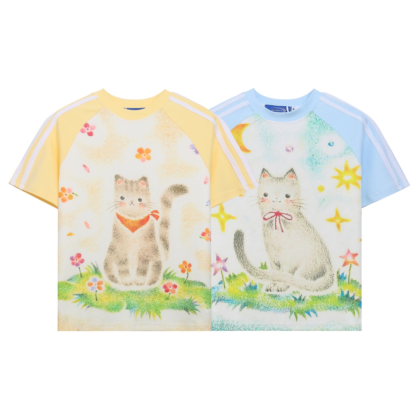 Retro Colorblock Cat Print Short Sleeve T-Shirt Women's Summer Raglan Slim Fit Cropped Spicy Top
