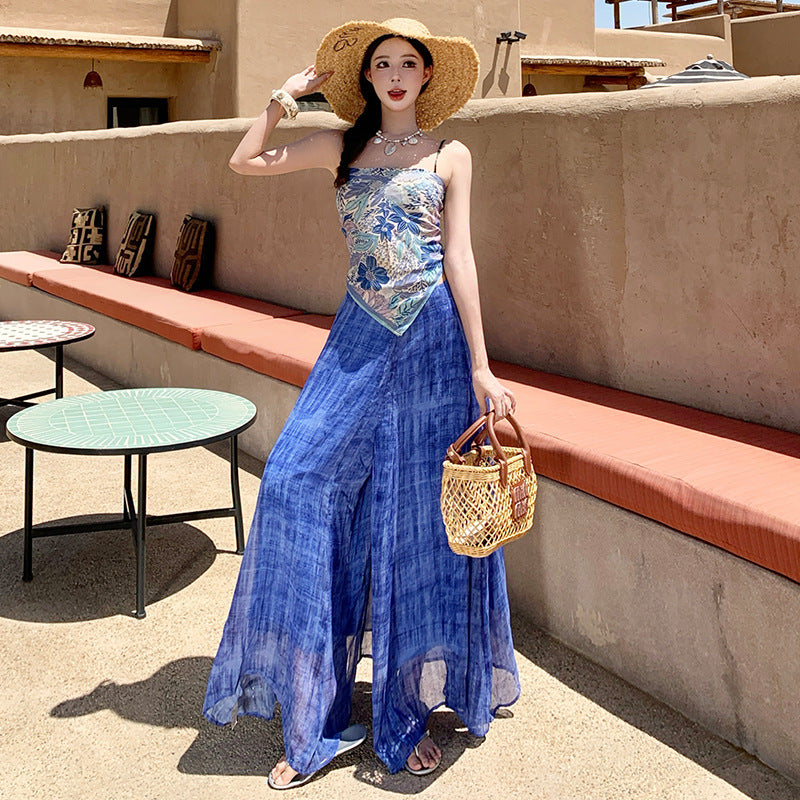 Beach Vacation Style Blue Printed Off-Shoulder Strap Top and Tie-Dye Wide-Leg Pants Two-Piece Set for Women Summer Outfit