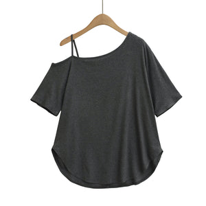 One-Shoulder Off-The-Shoulder Curved Hem Loose Short Sleeve T-Shirt