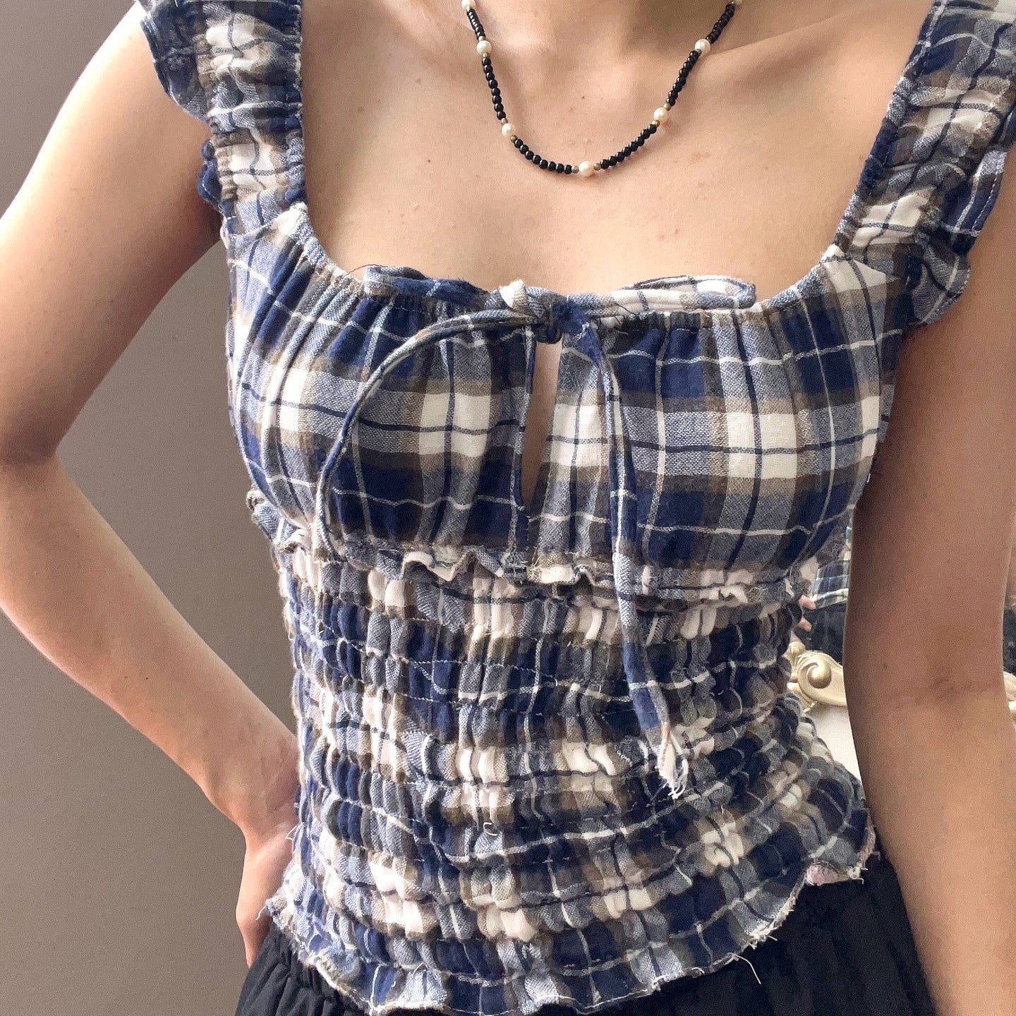 Plaid Strap U-neck Tank Top Women's Slim Fit Undershirt