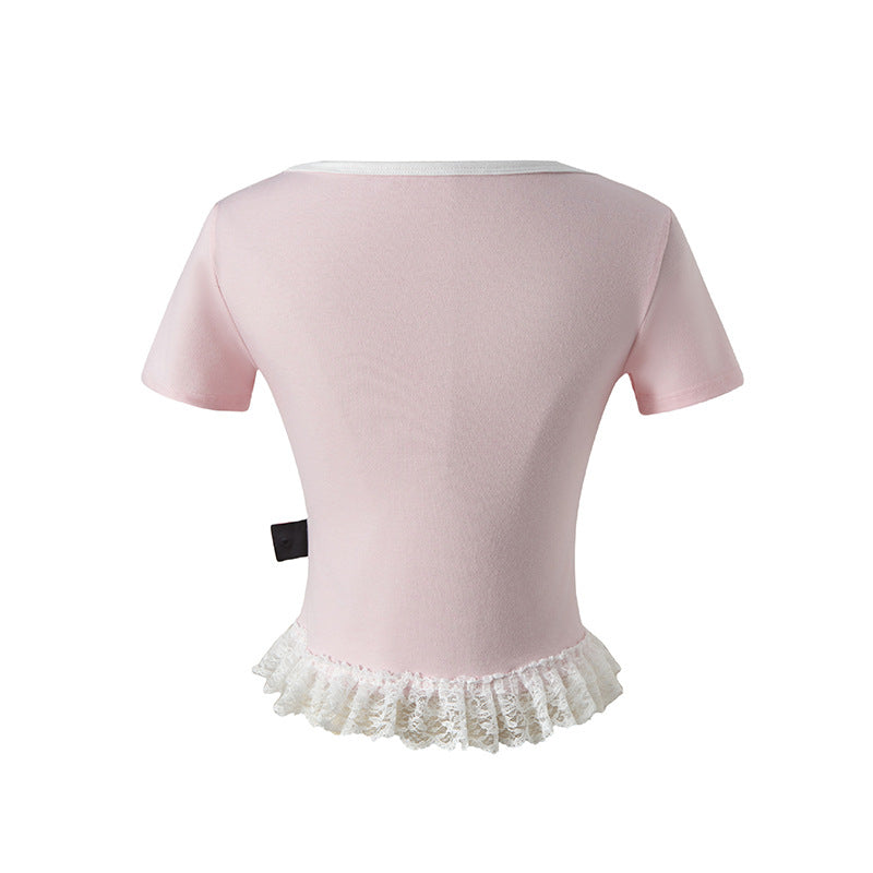 Splicing Square Neck Short Sleeve T-Shirt Women Summer Slim Fit Shoulder Short Top