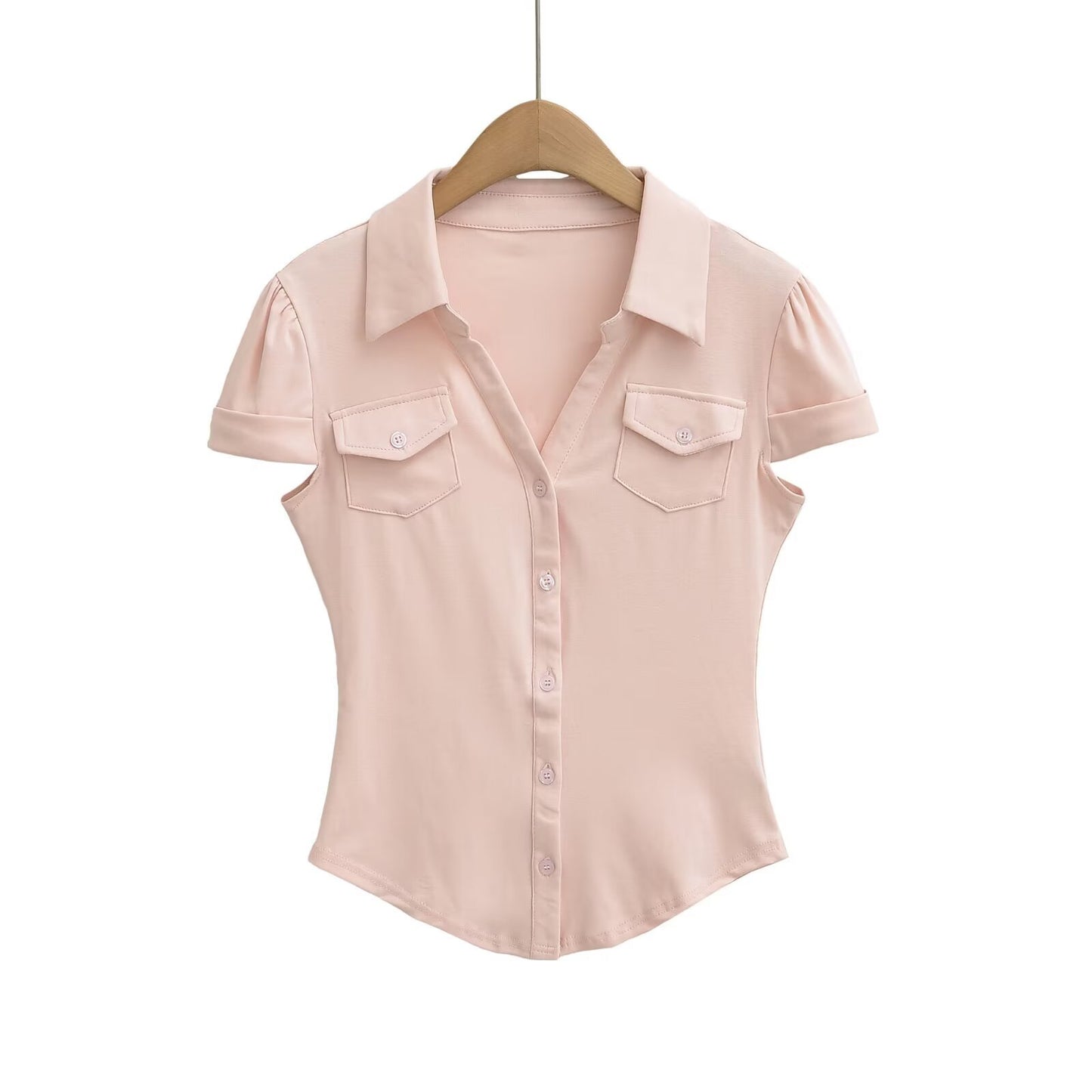 Polo Collar Waist-Cinched Slim Fit Chest Pocket Casual Short Sleeve Shirt
