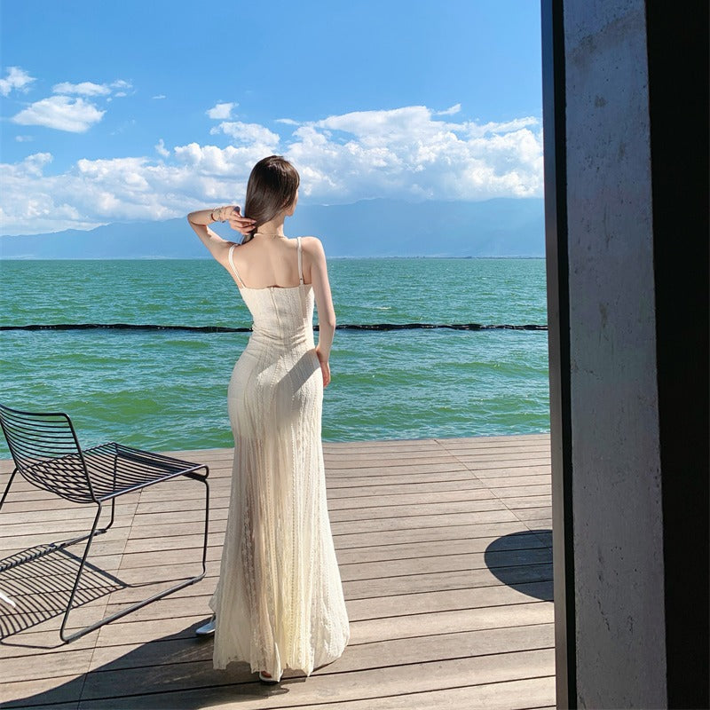 Pure and Sexy White Lace Spliced Strapless Dress Women Unique and Beautiful Long Dress
