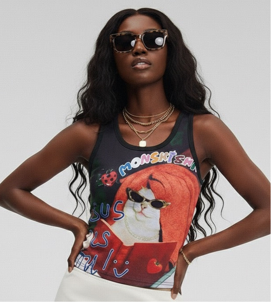 Cartoon Cat Print Tank Top Women Summer Slim Fit Versatile BF Style Undershirt Sleeveless Outerwear