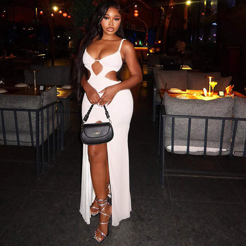 Women's Pure Color Hollow Out Bodycon Dress Strapless Slit Long Pleated Dress