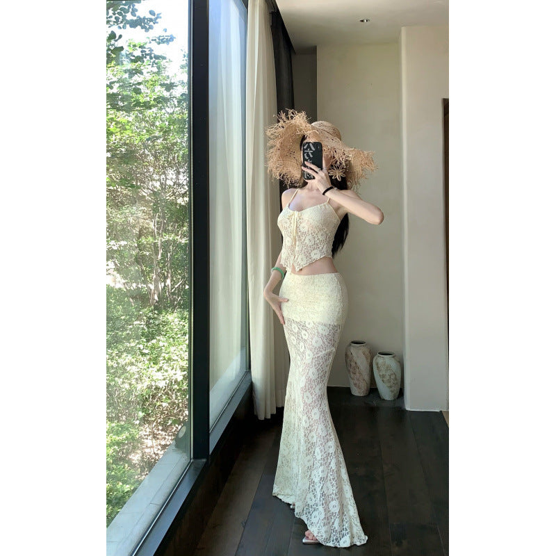 Charming Off-White Fitted Sheer Lace Strapless Skirt Set