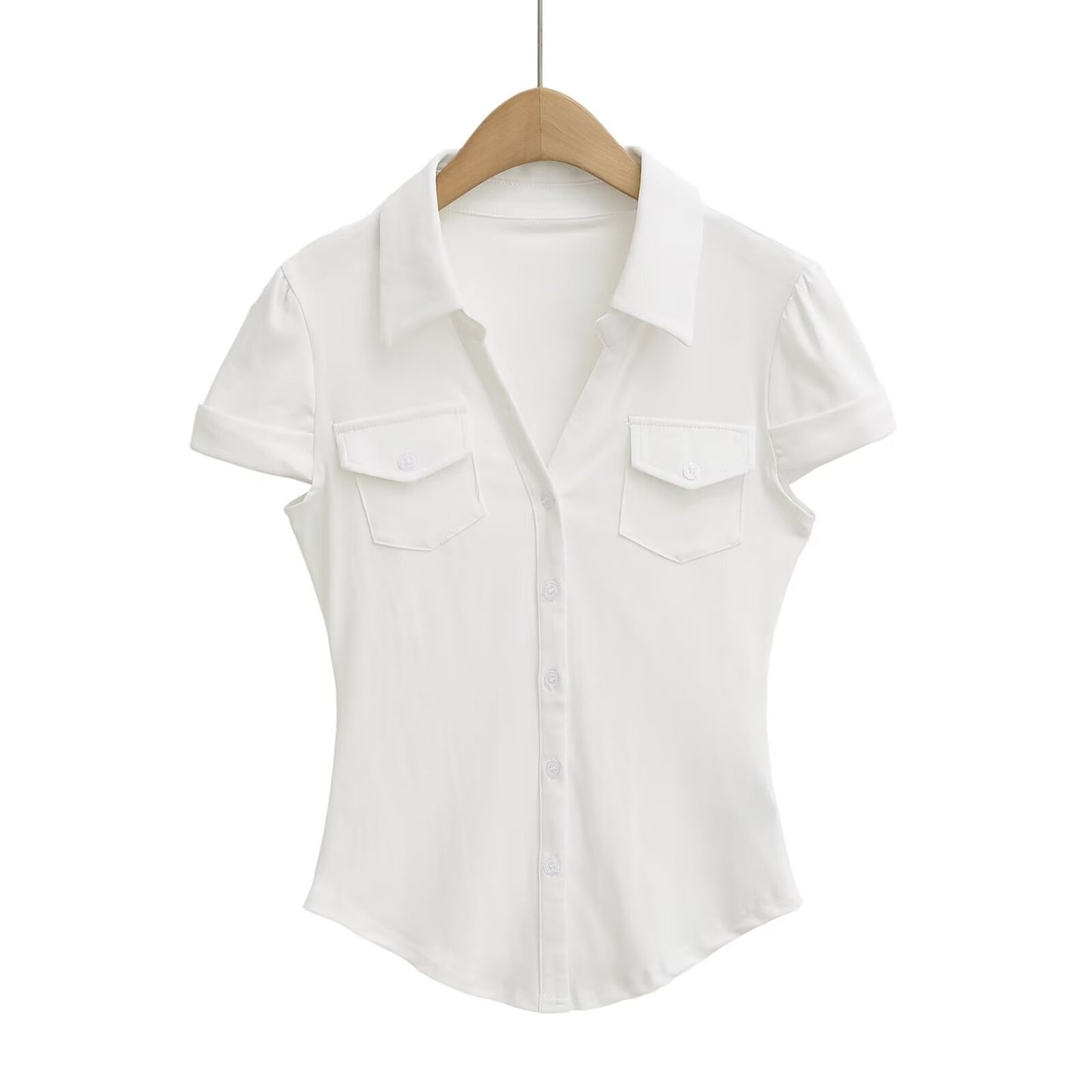 Polo Collar Waist-Cinched Slim Fit Chest Pocket Casual Short Sleeve Shirt