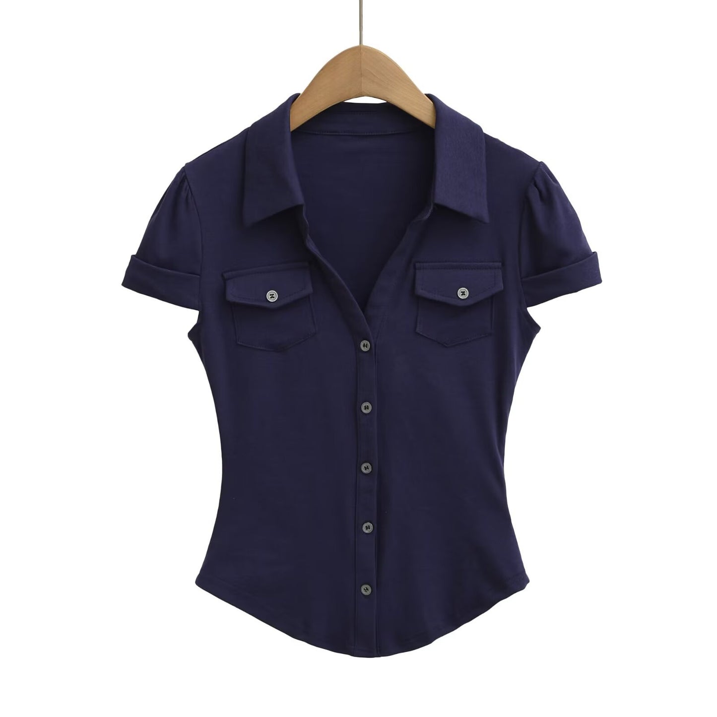 Polo Collar Waist-Cinched Slim Fit Chest Pocket Casual Short Sleeve Shirt