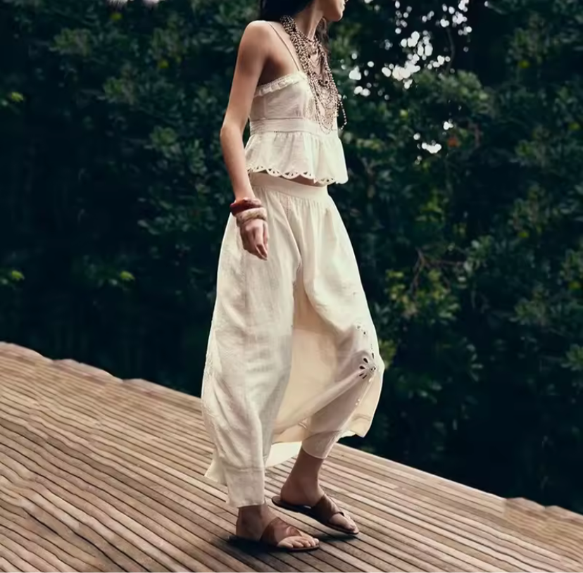 Embroidered short suspender+Embroidered skirt set for women