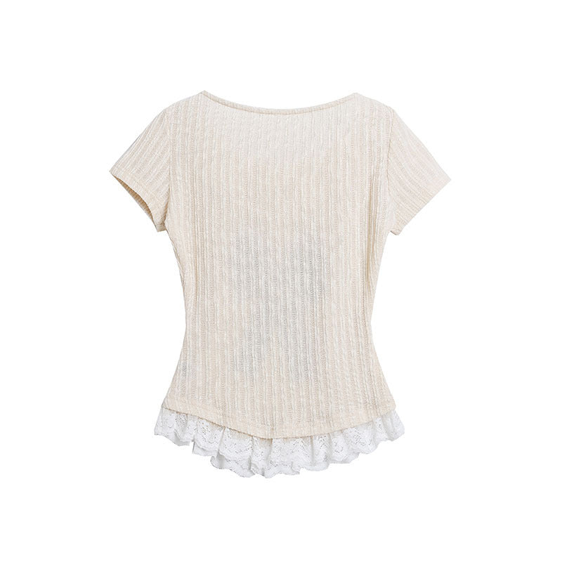 French Lace Trim Short Sleeve T-Shirt Women Round Neck Bow Print Slim Knit Top