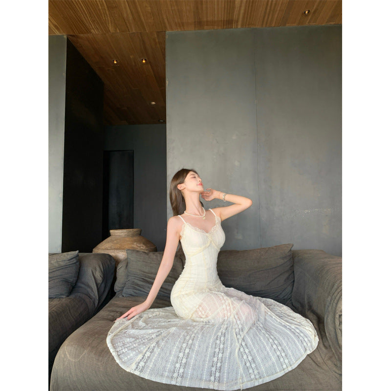 Pure and Sexy White Lace Spliced Strapless Dress Women Unique and Beautiful Long Dress