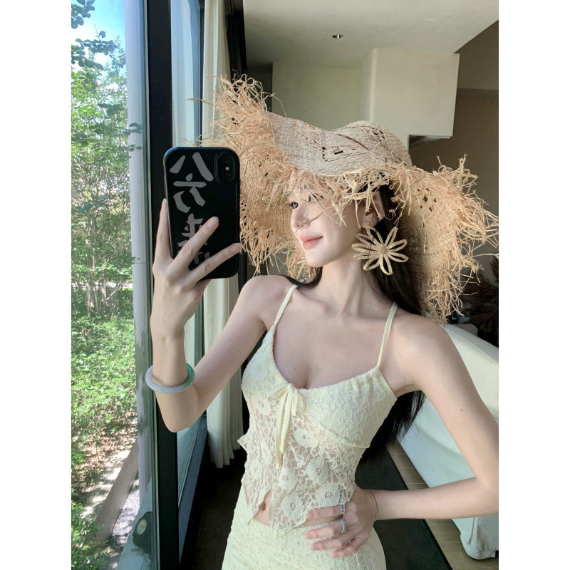 Charming Off-White Fitted Sheer Lace Strapless Skirt Set