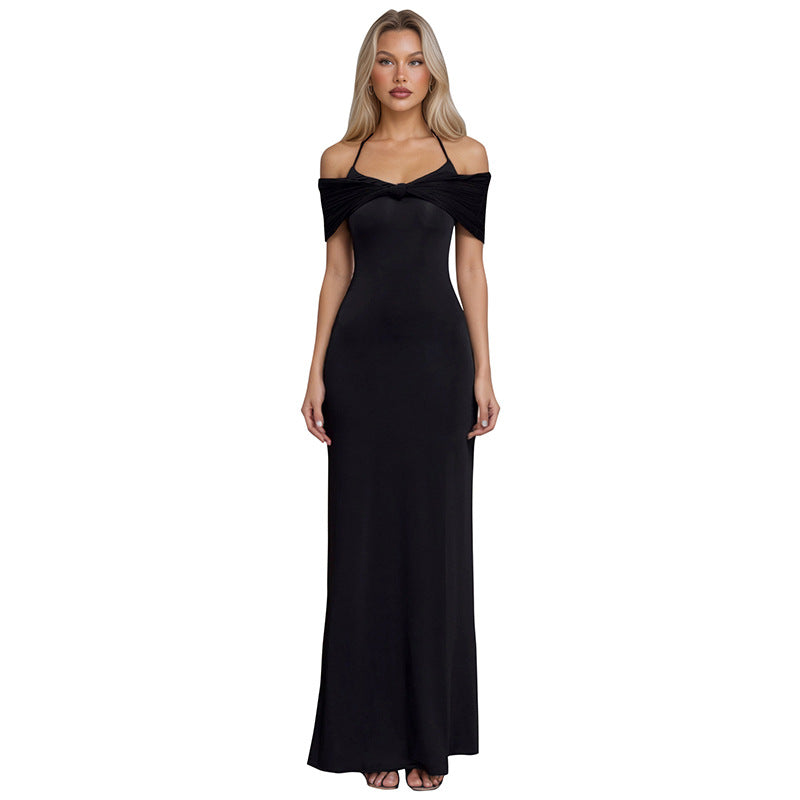 Elegant Off-the-Shoulder Strap Mesh Fitted Long Dress for Women