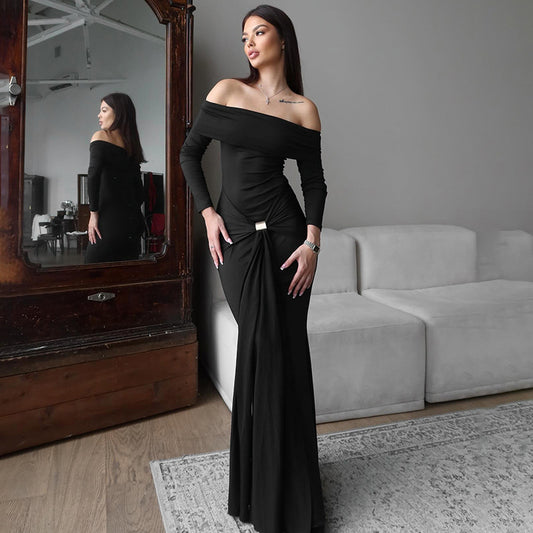 Women's Pure Color One-Shoulder Long Sleeve Slim Dress