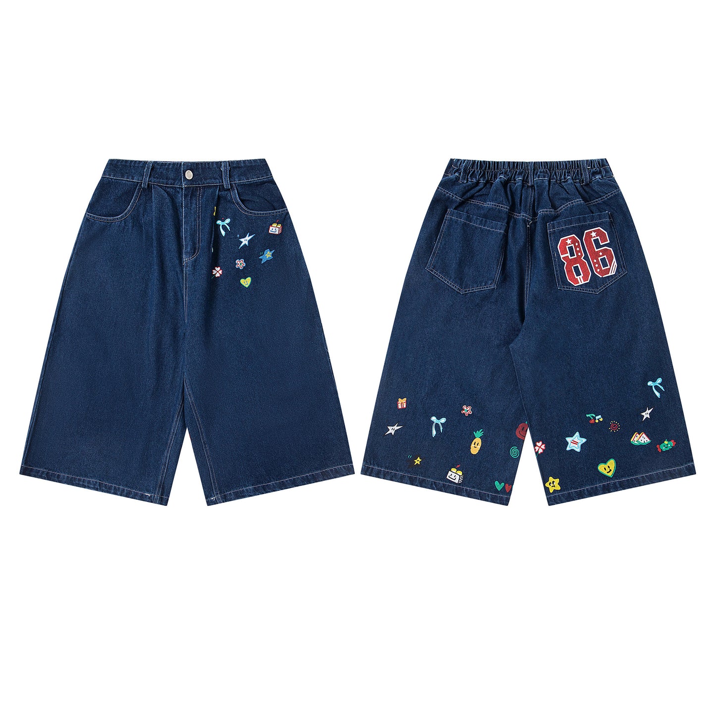 Casual Washed Fun Print Seven-Quarter Denim Pants Men Loose Fit Mid-Length Trousers