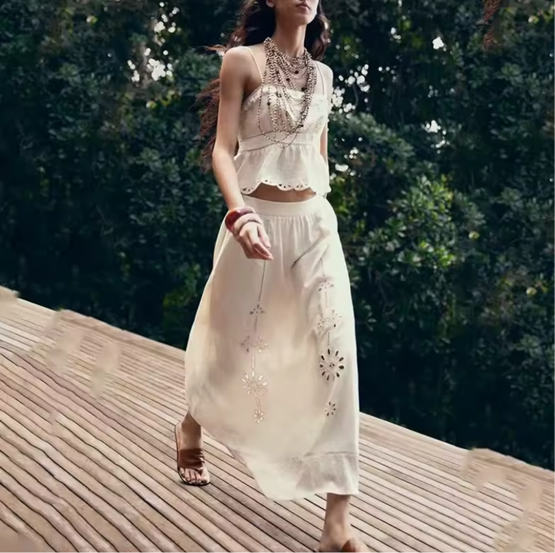 Embroidered short suspender+Embroidered skirt set for women