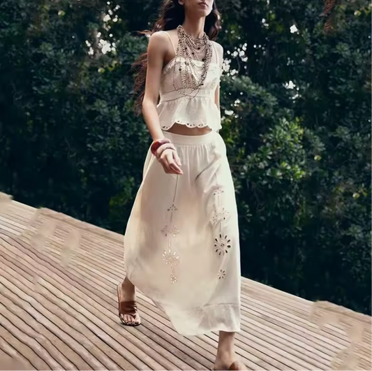 Embroidered short suspender+Embroidered skirt set for women