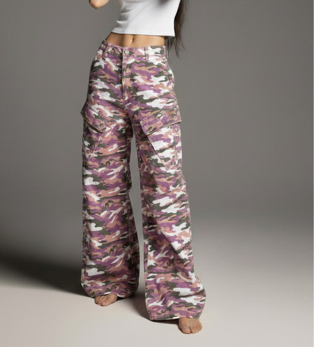 High Street Style Color Block Multi-Pocket Camouflage Denim Work Pants Unisex Loose Wide Leg Straight Leg Long Pants