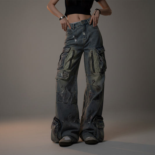 Retro graffiti multi pocket wide leg jeans